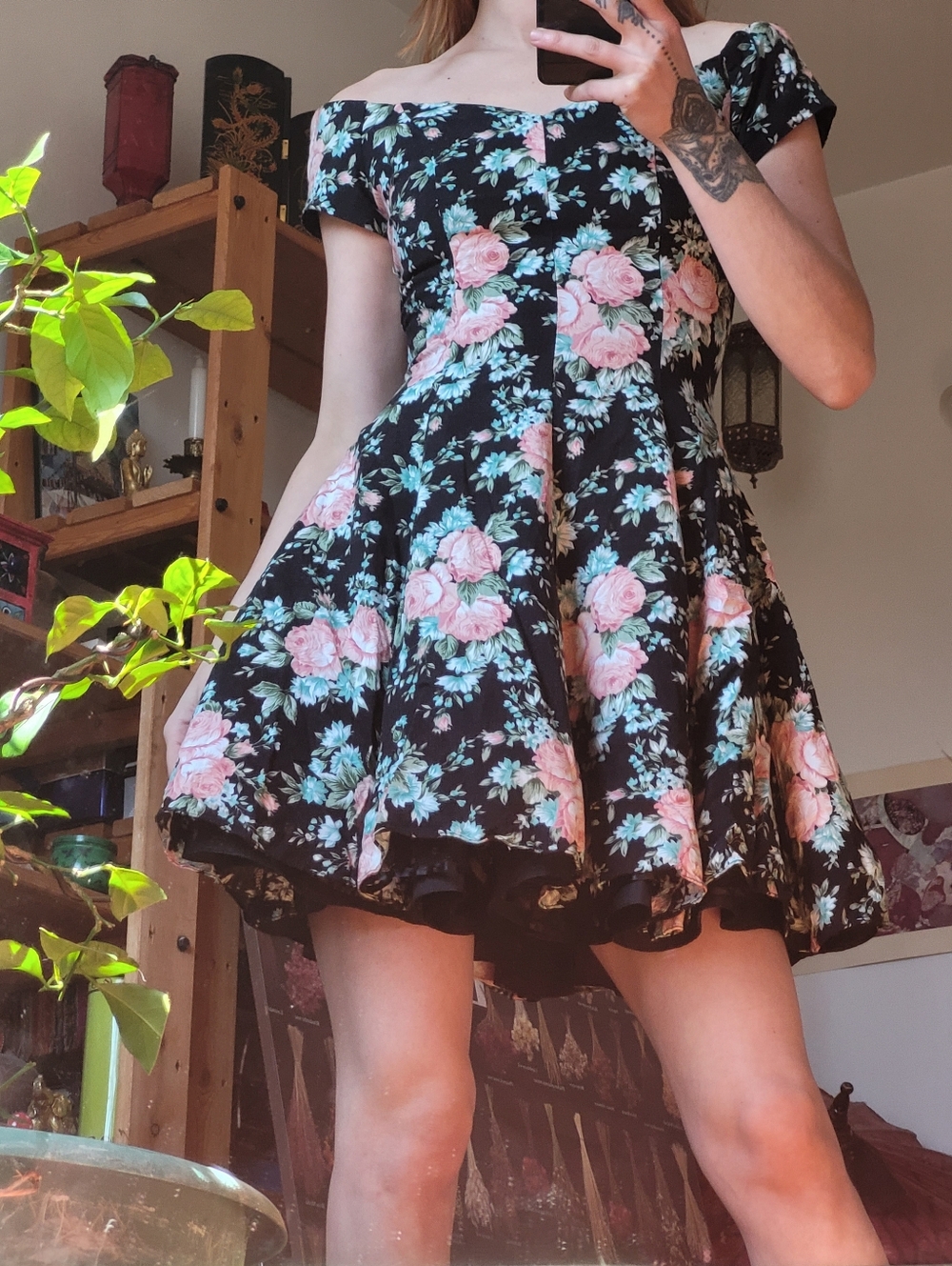 Joseph Ribkoff Vintage 80s Black Label Floral Pink Roses Ballerina Mini Dress XS